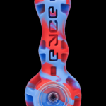Red and blue glass pipe with "peace" vertically etched along the stem.