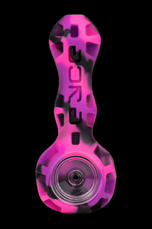 Pink and black glass pipe for smoking cannabis.