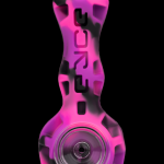 Pink and black glass pipe for smoking cannabis.