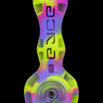 Colorful silicone pipe with the word "peace" vertically displayed.