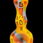 Orange and yellow glass pipe with swirling patterns and “orce” vertically printed on the side.