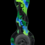 A vibrant glass pipe with a black, green, and blue swirl pattern, displaying the word “CURVE” vertically.