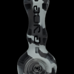 Clear glass pipe with black and white splatter pattern, featuring the brand name “BORO” vertically along the neck.