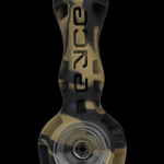 Glass cannabis pipe with black and gold camouflage pattern.