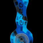 Blue glass pipe with “peace” vertically printed on the side.
