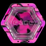 Pink silicone dab rig with hexagonal shape and "ence" logo.