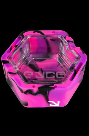 Pink, geometrically-shaped ashtray with “ence” logo, isolated on black.