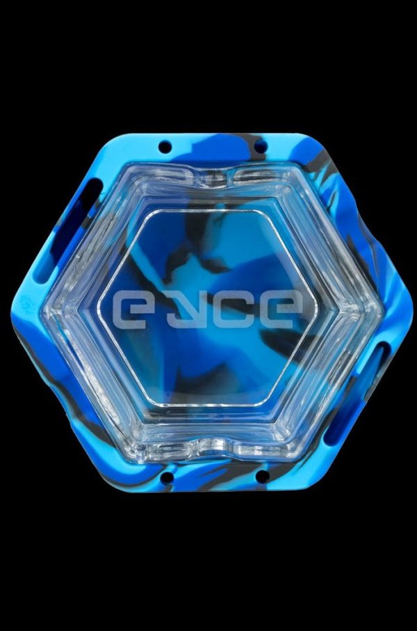Hexagonal silicone dab rig with blue marbled accents and “Ence” logo.