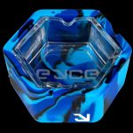Blue and white patterned silicone ashtray with “enco” branding.