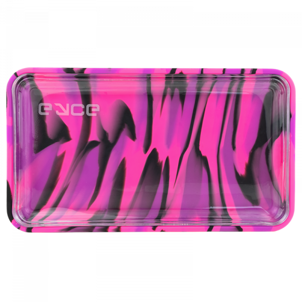 An overhead view of the EYCE Silicone and Glass Rolling Tray with a dark background highlighting its smooth, flat surface.