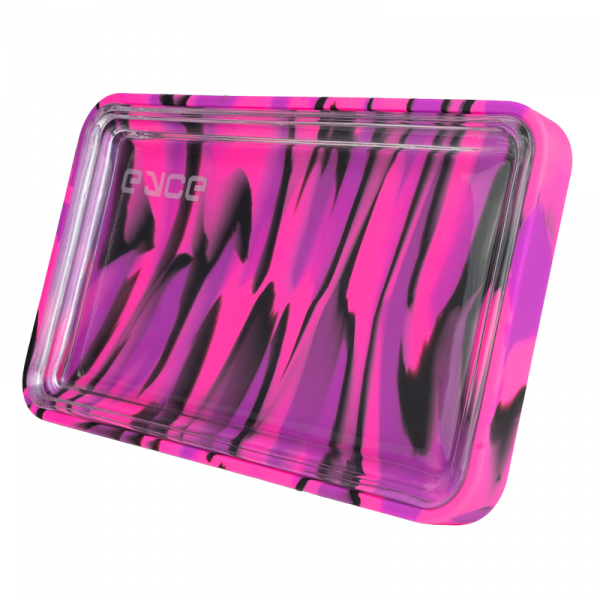 An overhead shot of the EYCE Silicone and Glass Rolling Tray, showcasing its smooth, purple surface and rectangular shape.