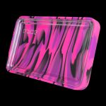 Pink and black marbled silicone rolling tray with embossed logo.