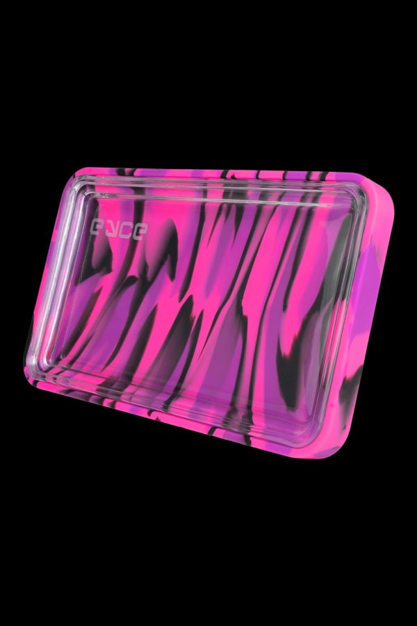 Pink and black marbled silicone rolling tray with embossed logo.