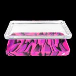 Pink and black silicone cannabis storage box with clear acrylic lid.