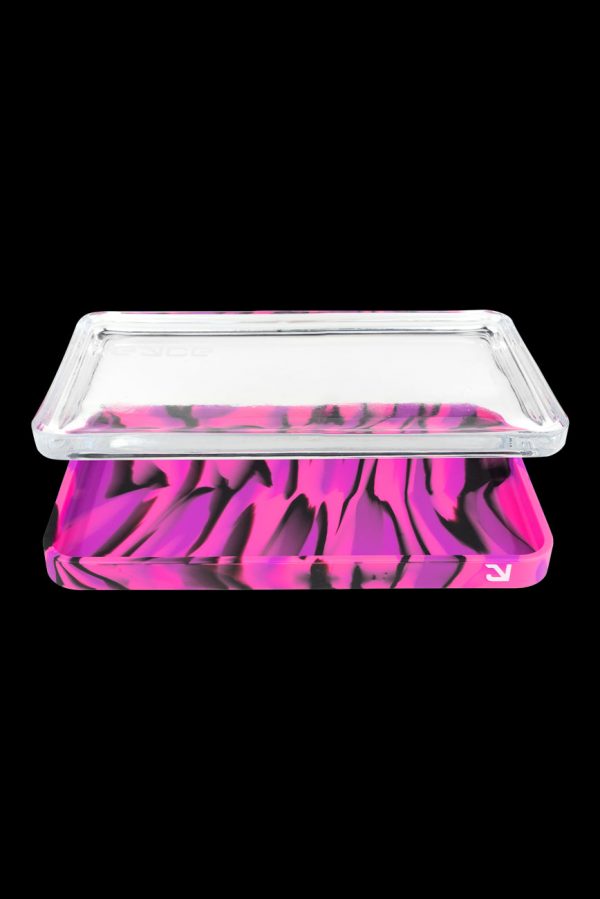 Pink and black silicone cannabis storage box with clear acrylic lid.