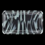 Clear acrylic rolling tray with a marbled white and teal pattern, branded with "ence".