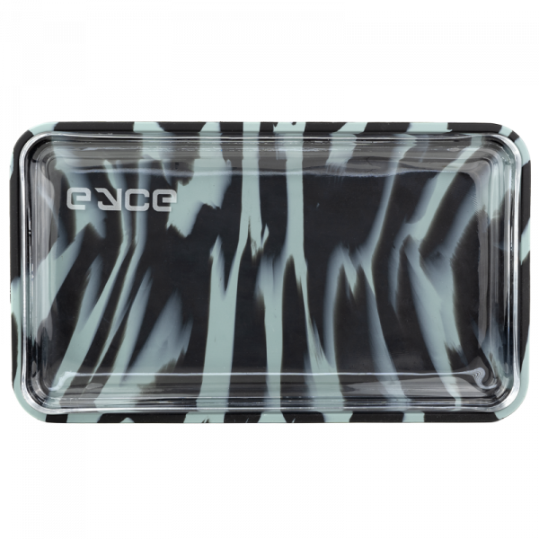 An overhead shot of the EYCE Silicone and Glass Rolling Tray, displaying a sleek, dark surface for rolling materials.