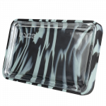 A slightly angled overhead view of the EYCE Silicone and Glass Rolling Tray, displaying a sleek, dark surface.