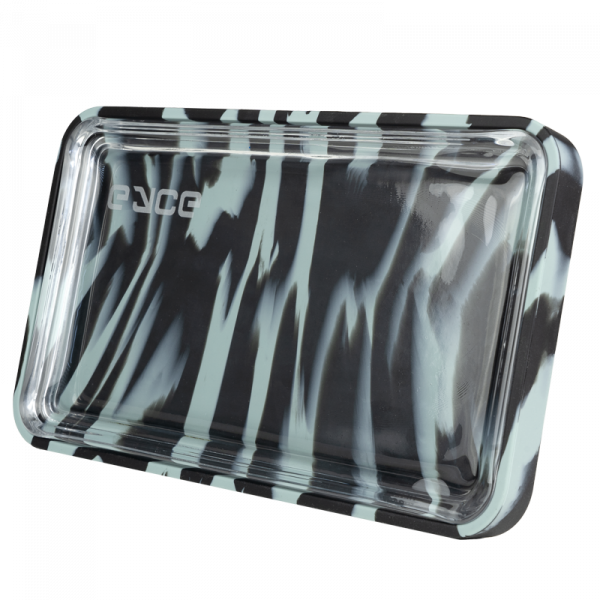 A slightly angled overhead view of the EYCE Silicone and Glass Rolling Tray, displaying a sleek, dark surface.