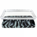 A top-down view of the EYCE Silicone and Glass Rolling Tray, featuring a rectangular shape and dark surface.