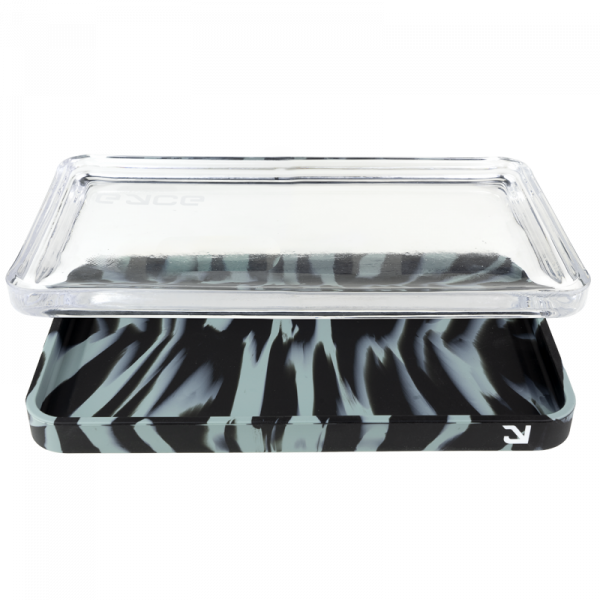 A top-down view of the EYCE Silicone and Glass Rolling Tray, featuring a rectangular shape and dark surface.