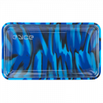 A top-down view of the EYCE Silicone and Glass Rolling Tray, featuring a smooth, dark surface ideal for rolling.