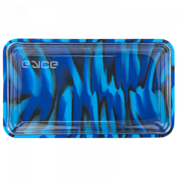 A top-down view of the EYCE Silicone and Glass Rolling Tray, featuring a smooth, dark surface ideal for rolling.