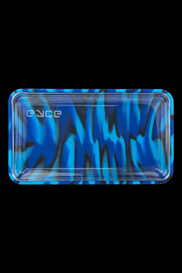 Blue and black silicone rolling tray with "erace" logo.