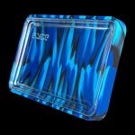 Blue and black silicone cannabis concentrate container with "Eyce" logo.