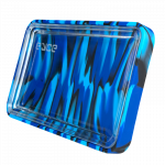 An overhead view of the EYCE Silicone and Glass Rolling Tray with a blue marbled pattern.
