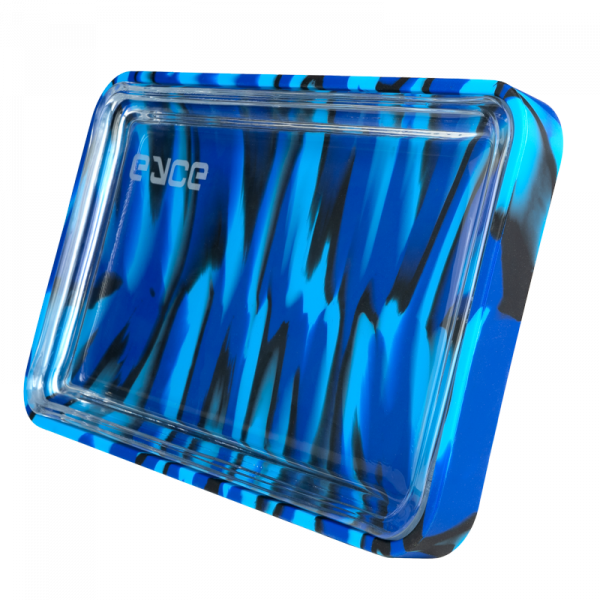 An overhead view of the EYCE Silicone and Glass Rolling Tray with a blue marbled pattern.