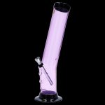 Pink glass bong with metal downstem, isolated on a black background.