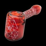 A side view of the Famous Brandz "Space Hammer" hand pipe, featuring a geometric design on vibrant red glass.