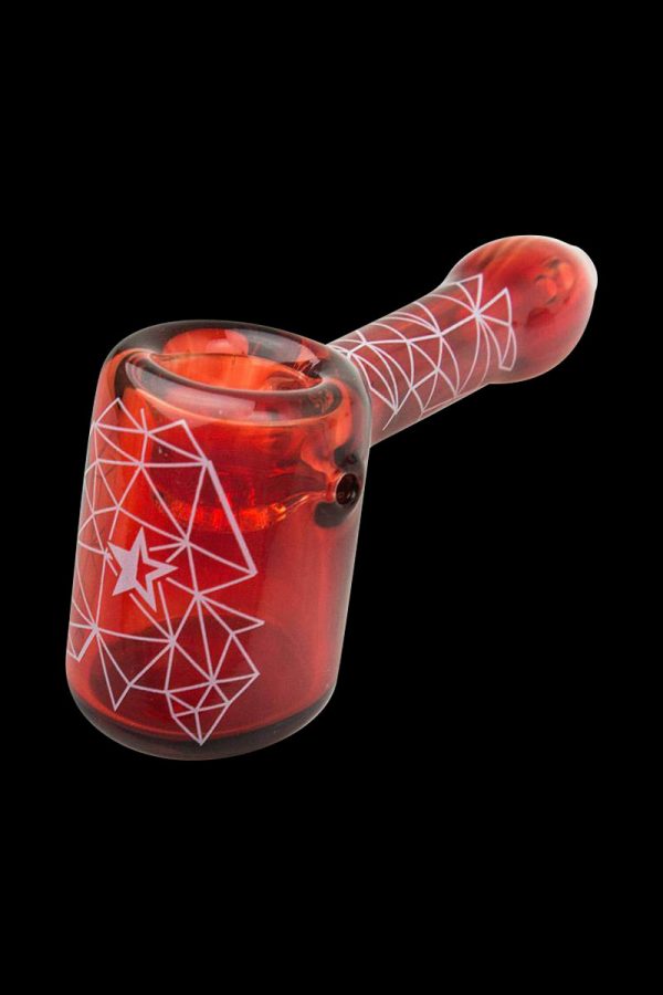 A side view of the Famous Brandz "Space Hammer" hand pipe, featuring a geometric design on vibrant red glass.