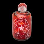 Front view of the “Famous Brandz Space Hammer” hand pipe, showcasing its red glass and geometric design.