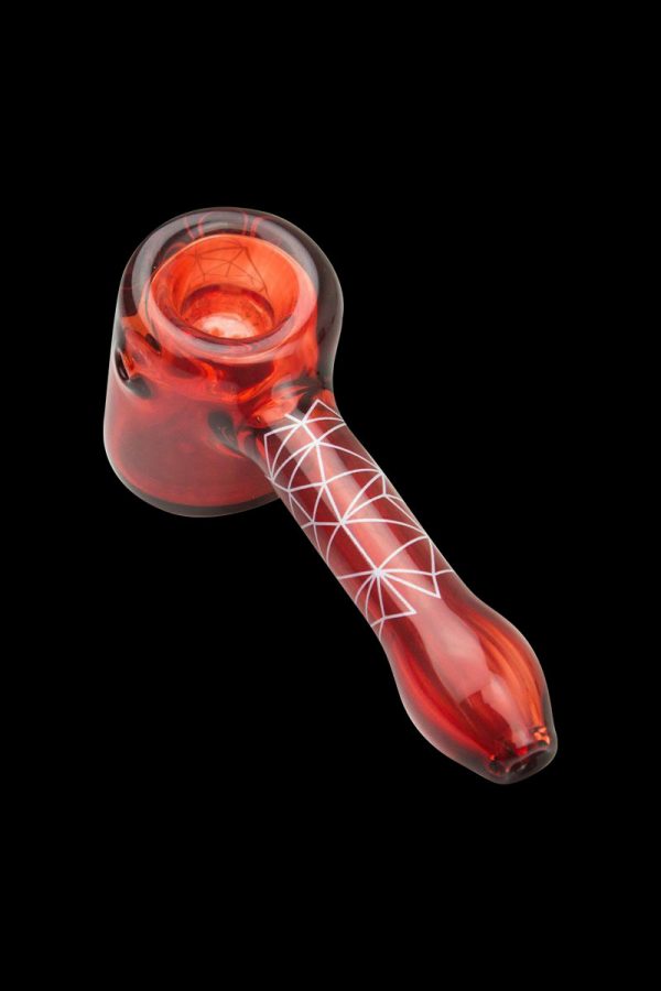 A side view of the Famous Brandz "Space Hammer" hand pipe, showcasing its red-tinted glass and streamlined design.