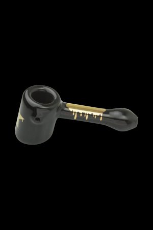 A side view of the Famous Brandz "Surrender" Hammer Hand Pipe, showing a dark-colored glass pipe with a unique hammer-style bowl.