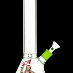 Glass bong with religious imagery and the word “WOW!” printed on the base.