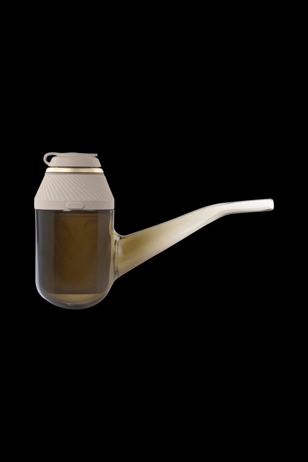 Glass bubbler pipe with a textured white mouthpiece, isolated on a black background.