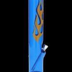 Front view of the 12-inch JM Plastics Flame Straight Tube, a blue acrylic water pipe with decorative flame graphics.