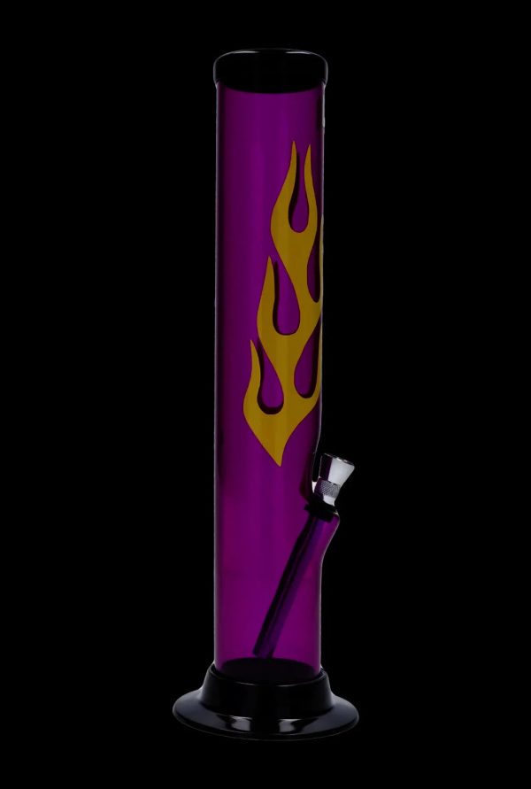 A front view of the 12-inch JM Plastics Flame Straight Tube acrylic water pipe, featuring vibrant flame graphics on purple tinted glass.