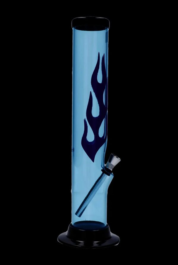 Front view of the 12-inch JM Plastics Flame Straight Tube acrylic water pipe, displaying a vibrant flame design against a dark background.