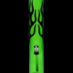 A straight-on view of the 12-inch JM Plastics Flame Straight Tube acrylic water pipe, featuring vibrant green flame designs.