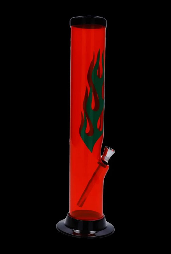 Front view of the 12-inch JM Plastics Flame Straight Tube acrylic water pipe with a carb hole and red flame design.