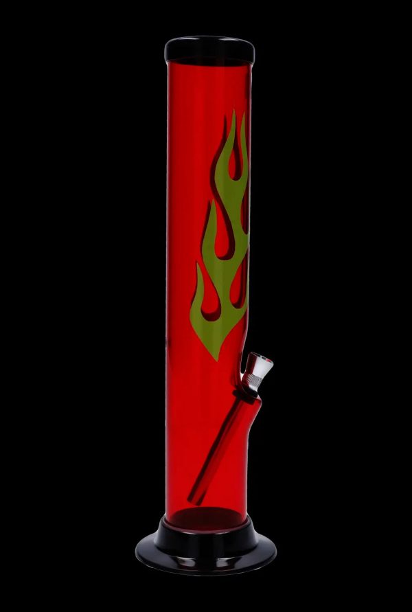 A front view of the 12-inch JM Plastics Flame Straight Tube, featuring vibrant flame decals on clear acrylic.