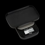 Digital scale with a black platform, displaying 0.00g, used for measuring cannabis.