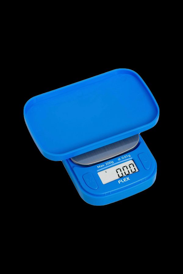 Blue digital scale displaying 0.000g, commonly used for measuring cannabis.