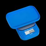 Blue digital scale displaying 0.000g, commonly used for measuring cannabis.