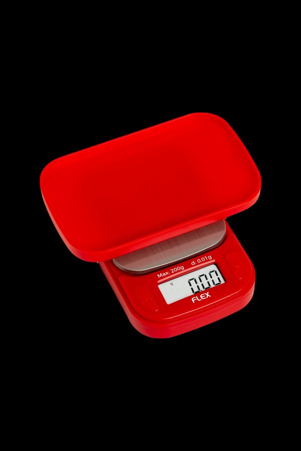Red digital scale displaying “0.00” grams, commonly used for measuring cannabis.