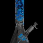 Front view of the Famous Design-Fabric Water Pipe, a tall glass piece with patterned blue and white swirls.